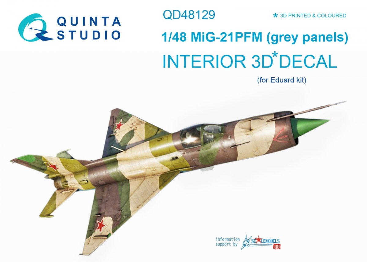 Intérieur imprimé en 3D et coloré sur papier décalcomanie (pour kit Eduard) Quinta Studio QD48129 MiG-21PFM (panneaux gris) 1/48
