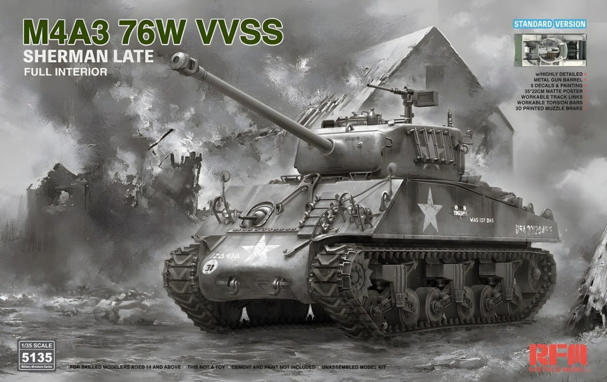 Maquette Rye Field 5135 M4A3 76W VVSS Sherman Version Standard Tardive Intérieur Complet 1/35