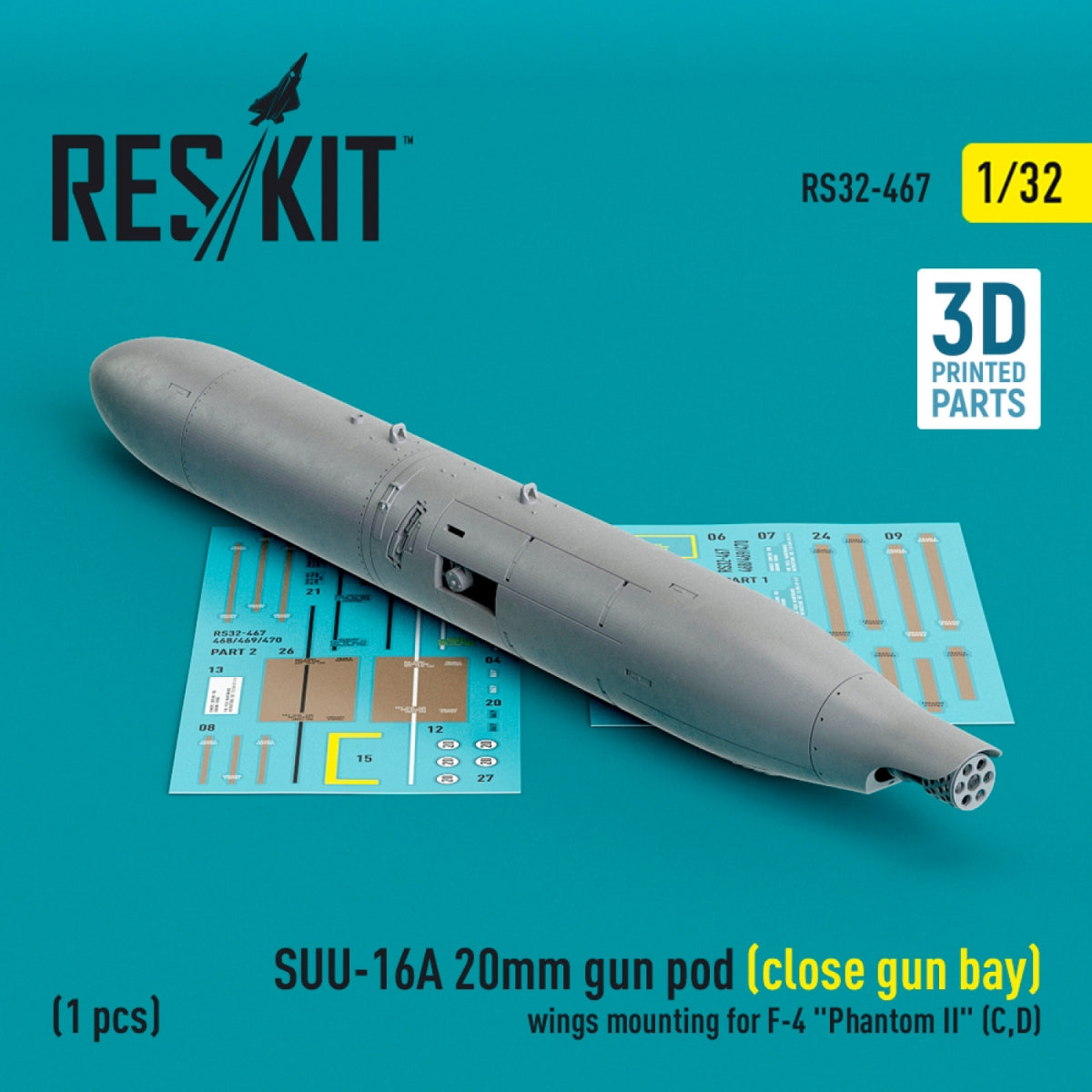 RESKIT RS32-0467 SUU-16A Nacelle de canon de 20 mm (baie de canon fermée) avec fixation sur les ailes pour F-4 Phantom II (C, D) (1 pièce) (Impression 3D) 1/32