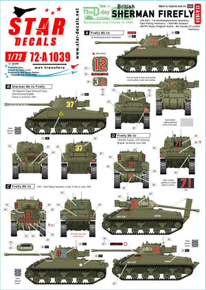 Star Decals 72-A1039 Sherman Firefly britannique. Spécial 75e anniversaire du Débarquement. Firefly Mk Ic et Mk Vc à l&amp;#39;échelle 1/72
