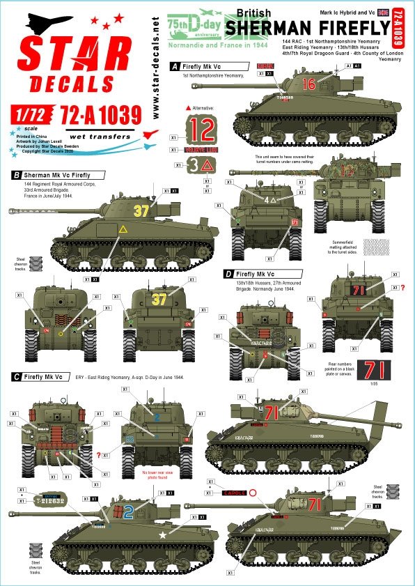 Star Decals 72-A1039 Sherman Firefly britannique. Spécial 75e anniversaire du Débarquement. Firefly Mk Ic et Mk Vc à l&amp;#39;échelle 1/72