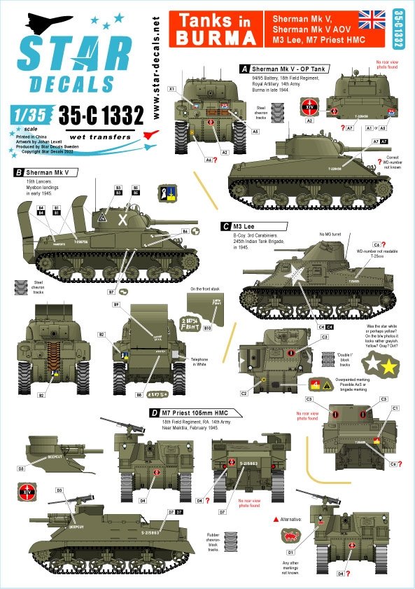 Star Decals 35-C1332 Chars en Birmanie. Sherman Mk V britannique, Sherman Mk V AOP, M3 Lee, M7 Priest HMC. Échelle 1/35