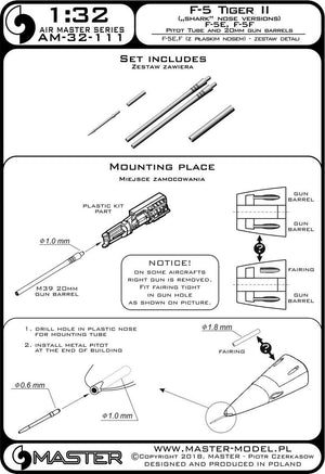 Master AM-32-111 F-5 Tiger II « Freedom Fighter » (version nez plat) - F-5A, E, F - kit de détails - Tube Pitot et canons de 20 mm 1/32 – imagen 3