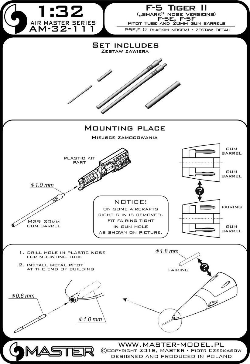 Master AM-32-111 F-5 Tiger II « Freedom Fighter » (version nez plat) - F-5A, E, F - kit de détails - Tube Pitot et canons de 20 mm 1/32 – imagen 3
