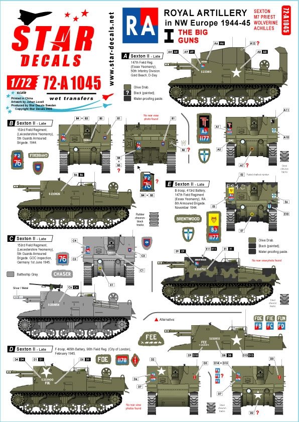 Star Decals 72-A1045 Artillerie royale n° 1. Spécial 75e anniversaire du Débarquement. Les gros canons : Sexton, Priest, Wolverine et Achilles (échelle 1/72).
