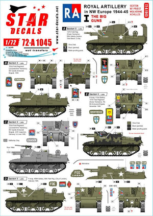 Star Decals 72-A1045 Artillerie royale n° 1. Spécial 75e anniversaire du Débarquement. Les gros canons : Sexton, Priest, Wolverine et Achilles (échelle 1/72).