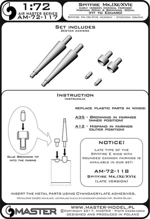 Master AM-72-117 Spitfire Mk.IXe/XVIe version initiale (mantelage conique) - Canons Hispano 20 mm et mitrailleuses Browning .50 cal dans des mantelets (compatible avec le modèle Eduard) (1/72) – Bild 3