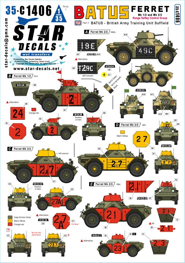 Star Decals 35-C1406 BATUS n° 1. Unité d'entraînement de l'armée britannique à Suffield, au Canada. Ferret Mk 1/2 et Mk 2/3. Groupe de contrôle de sécurité du champ de tir 1/35 