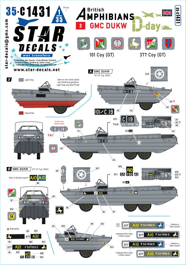 Star Decals 35-C1431 DUKW du Jour J. Amphibiens britanniques n° 3. 101e compagnie (GT) et 377e compagnie (GT) RASC. Échelle 1/35