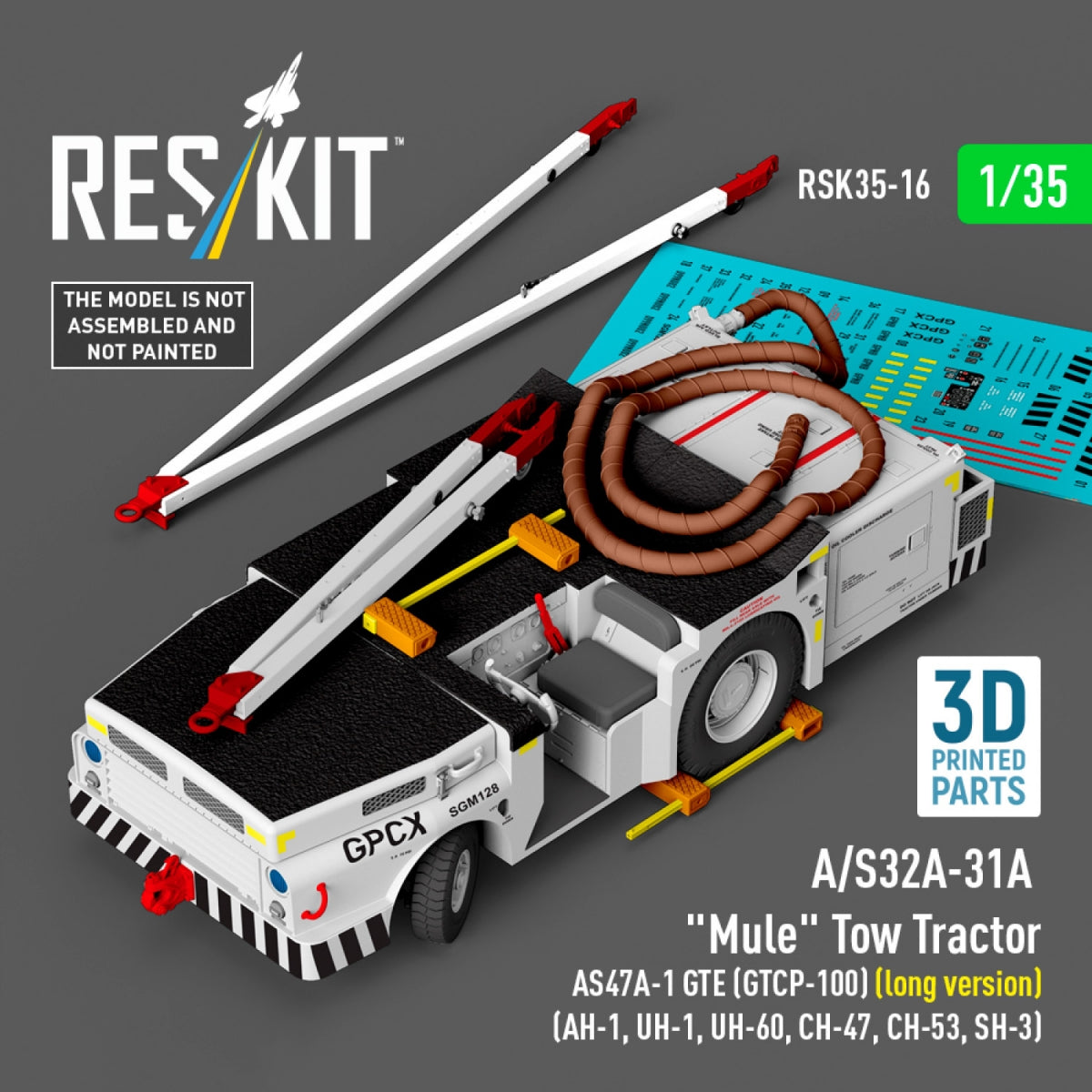 RESKIT RSK35-0016 A/S32A-31A "Mule" Tow Tractor AS47A-1 GTE (GTCP-100) (long version) (AH-1, UH-1, UH-60, CH-47, CH-53, SH-3) (3D Printed model kit) 1/35
