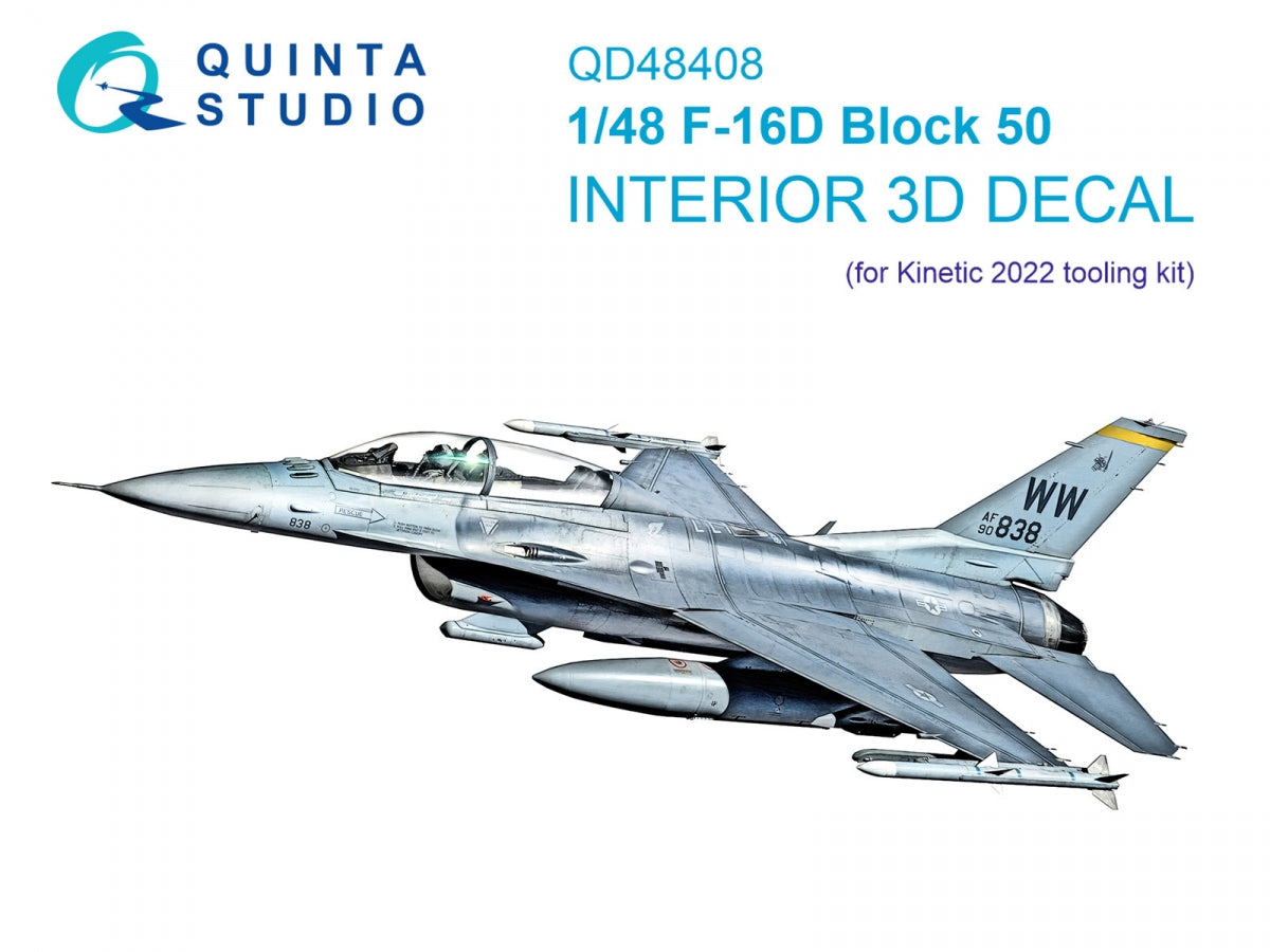 Quinta Studio QD48408 F-16D block 50 3D-Printed &amp; colored Interior on decal paper (Kinetic 2022 tool) 1/48