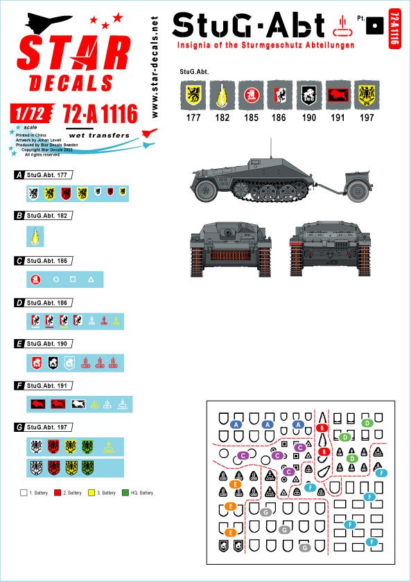 Star Decals 72-A1116 StuG-Abt #1 Insignes génériques et marquages ​​d'unité pour les unités Sturmgeschutz. StuG-Abt 177. 182, 185, 186, 190, 191, 197 1/72