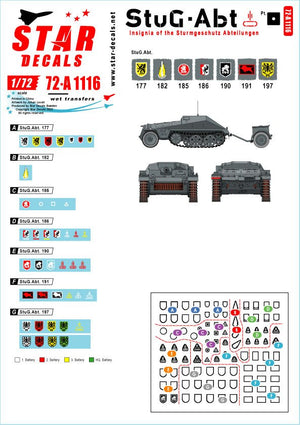 Star Decals 72-A1116 StuG-Abt #1 Insignes génériques et marquages ​​d&amp;#39;unité pour les unités Sturmgeschutz. StuG-Abt 177. 182, 185, 186, 190, 191, 197 1/72