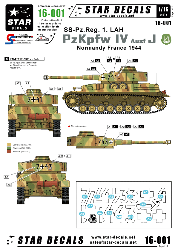 Décalcomanies étoiles 16-001 PzKpfw IV Ausf J - SS-Pz.Reg. 1 LAH 1/16 