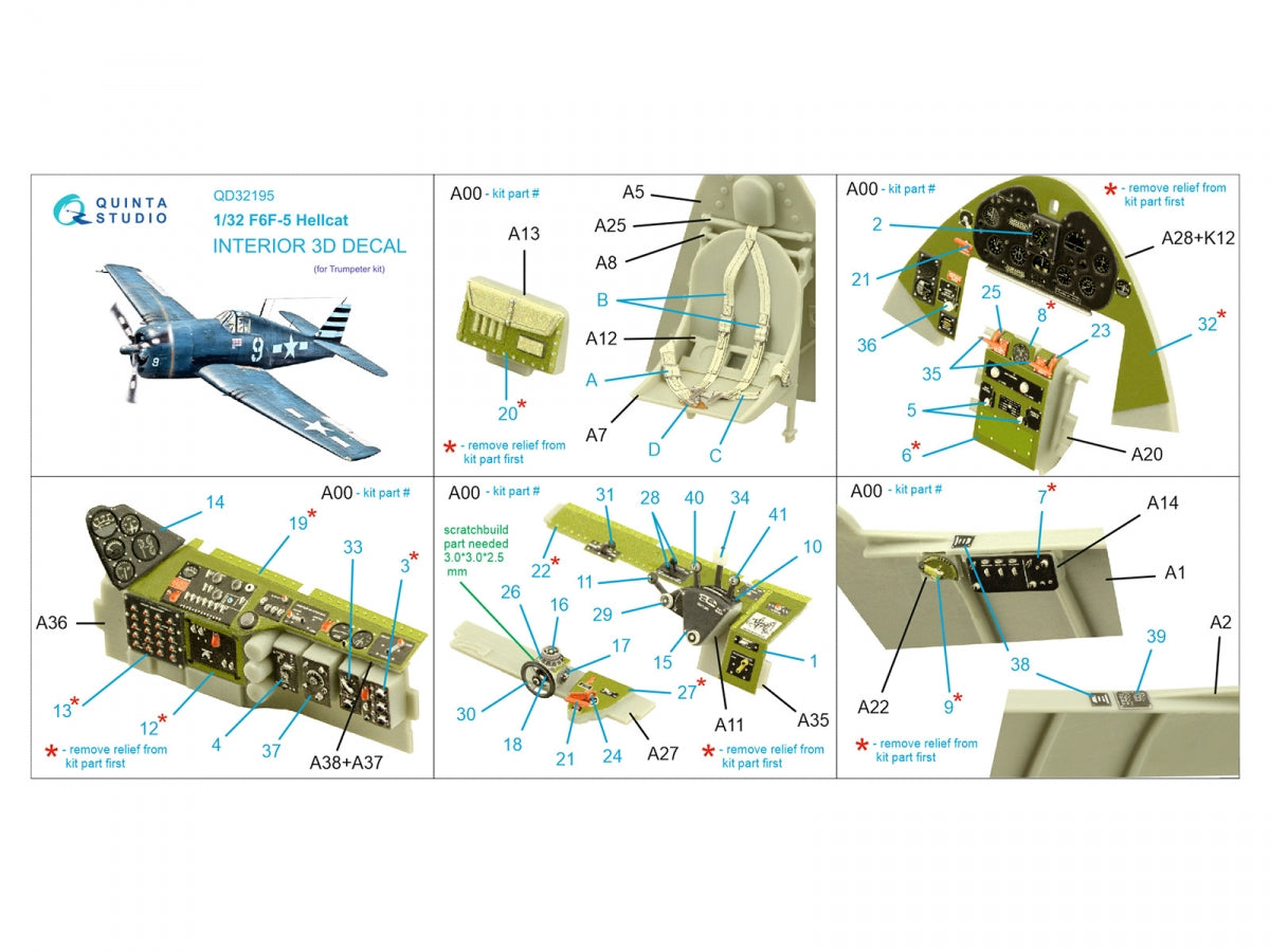 Intérieur imprimé en 3D et coloré sur papier décalcomanie Quinta Studio QD32195 F6F-5 Hellcat (Trumpeter) 1/32 – imagen 2
