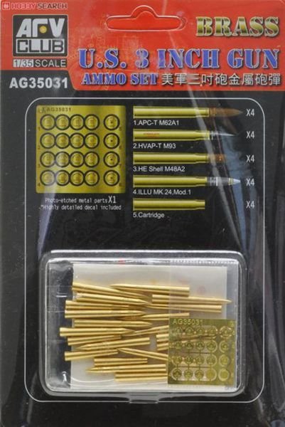 AFV Club AG35031 Ensemble de munitions en laiton pour canon américain de 3 pouces, échelle 1/35 