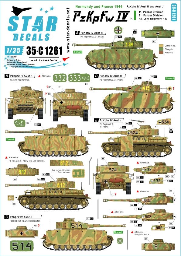 Star Decals 35-C1261 PzKpfw IV en Normandie et en France # 1 1/35