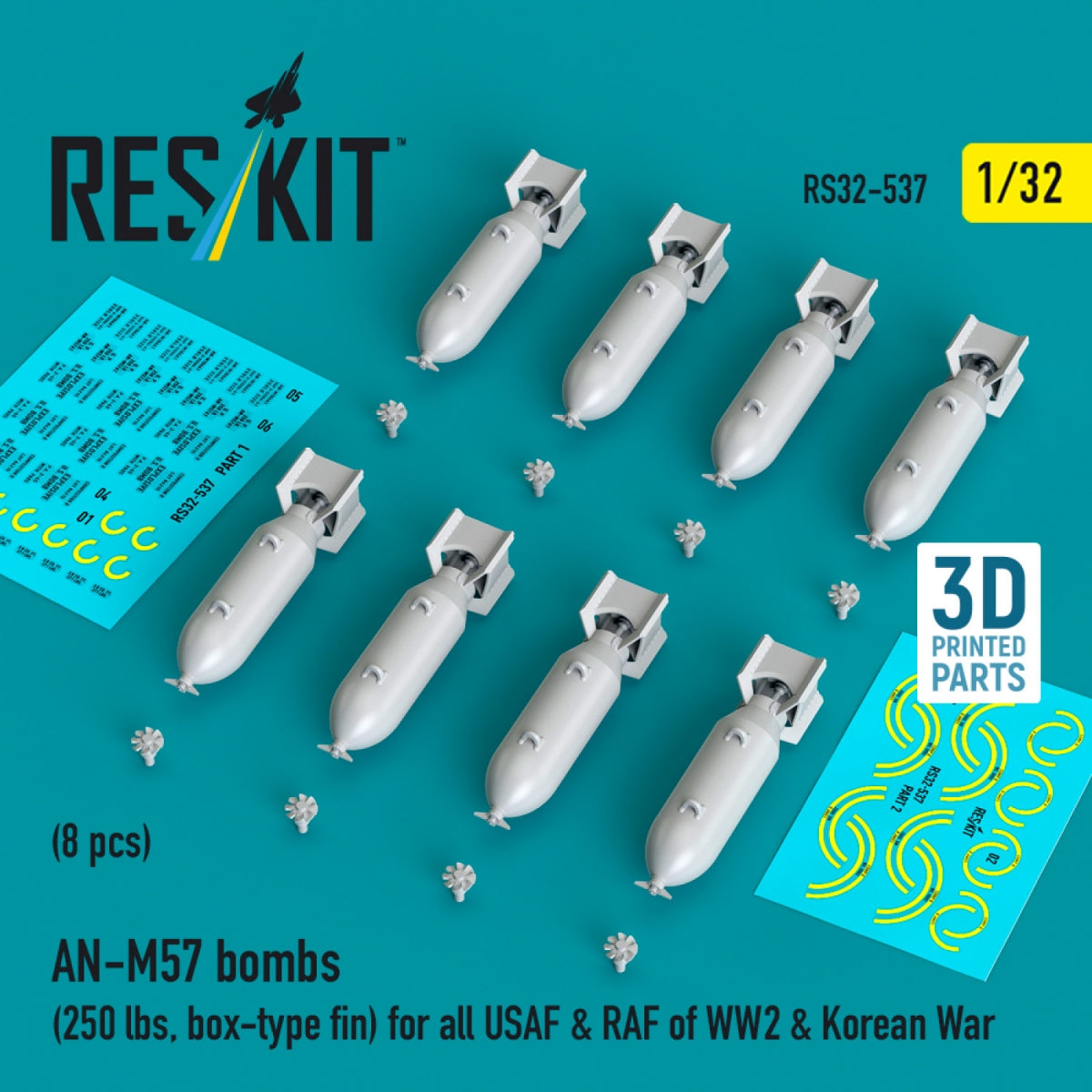 RESKIT RS32-0537 AN-M57 bombs (250 lbs, box-type fin) for all USAF & RAF of WW2 & Korean War (8 pcs) (3D Printed) 1/32