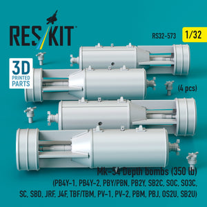 RESKIT RS32-0573 Mk-54 Depth bombs (350 lb) (4 pcs) (PB4Y-1, PB4Y-2, PBY/PBN, PB2Y, SB2C, SOC, SO3C, SC, SBD, JRF, J4F, TBF/TBM, PV-1, PV-2, PBM, PBJ, OS2U, SB2U) (3D Printed) 1/32