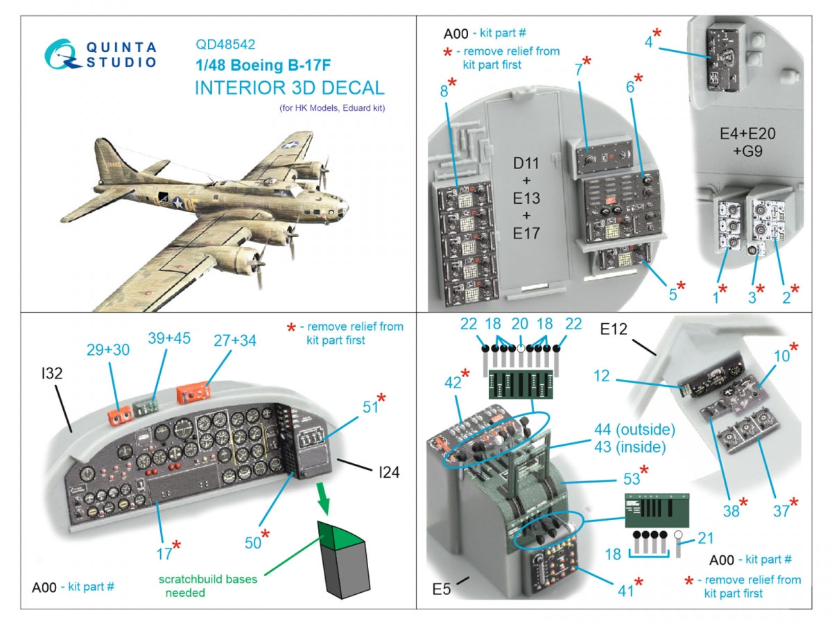 Intérieur imprimé en 3D et coloré sur papier décalcomanie pour Boeing B-17F (Quinta Studio QD48542, HK models, Eduard) à l&amp;#39;échelle 1/48 – immagine 2