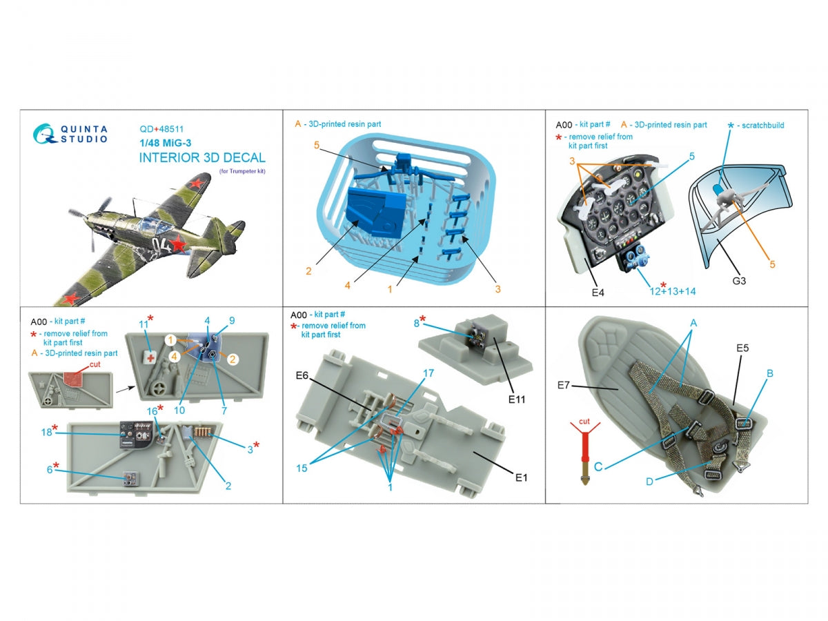 Intérieur coloré imprimé en 3D pour MiG-3 (Trumpeter) par Quinta Studio QD+48511, échelle 1/48 – Bild 5