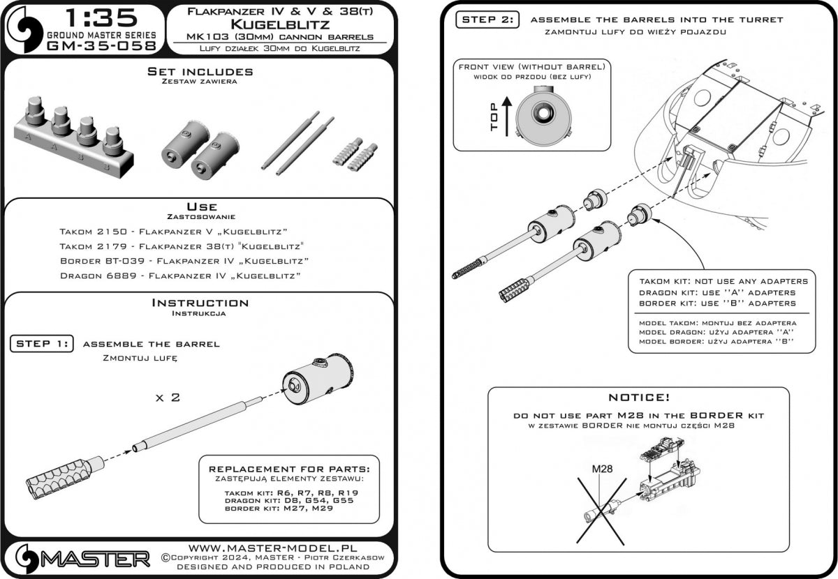 Master GM-35-058 Flakpanzer IV &amp;amp; V &amp;amp; 38(t) Kugelblitz - Canons MK103 (30 mm) avec supports en résine (pour maquettes Dragon, Takom, Border) 1/35 – immagine 7