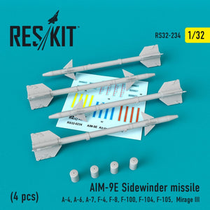 RESKIT RS32-0234 MISSILES AIM-9E SIDEWINDER (4 PIÈCES) 1/32