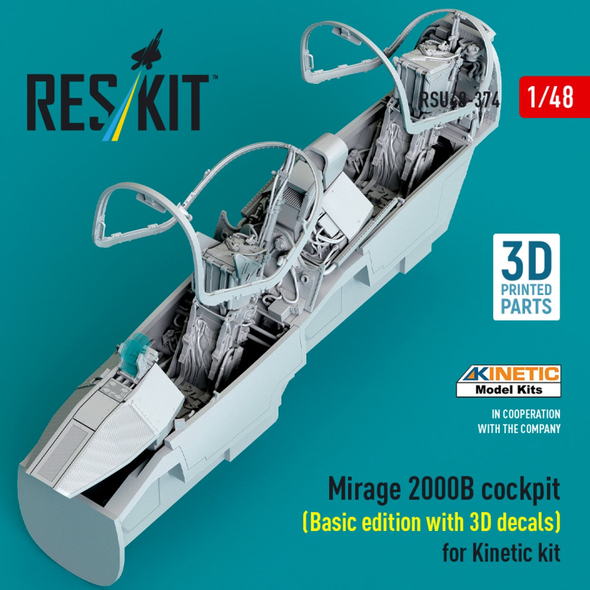 RESKIT RSU48-0374 Mirage 2000B cockpit (Basic edition with 3D decals) for Kinetic kit (3D Printed) 1/48