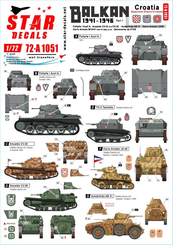 Star Decals 72-A1051 Balkans Seconde Guerre mondiale n° 1. Croatie pendant la Seconde Guerre mondiale. Chars oustachis 1/72