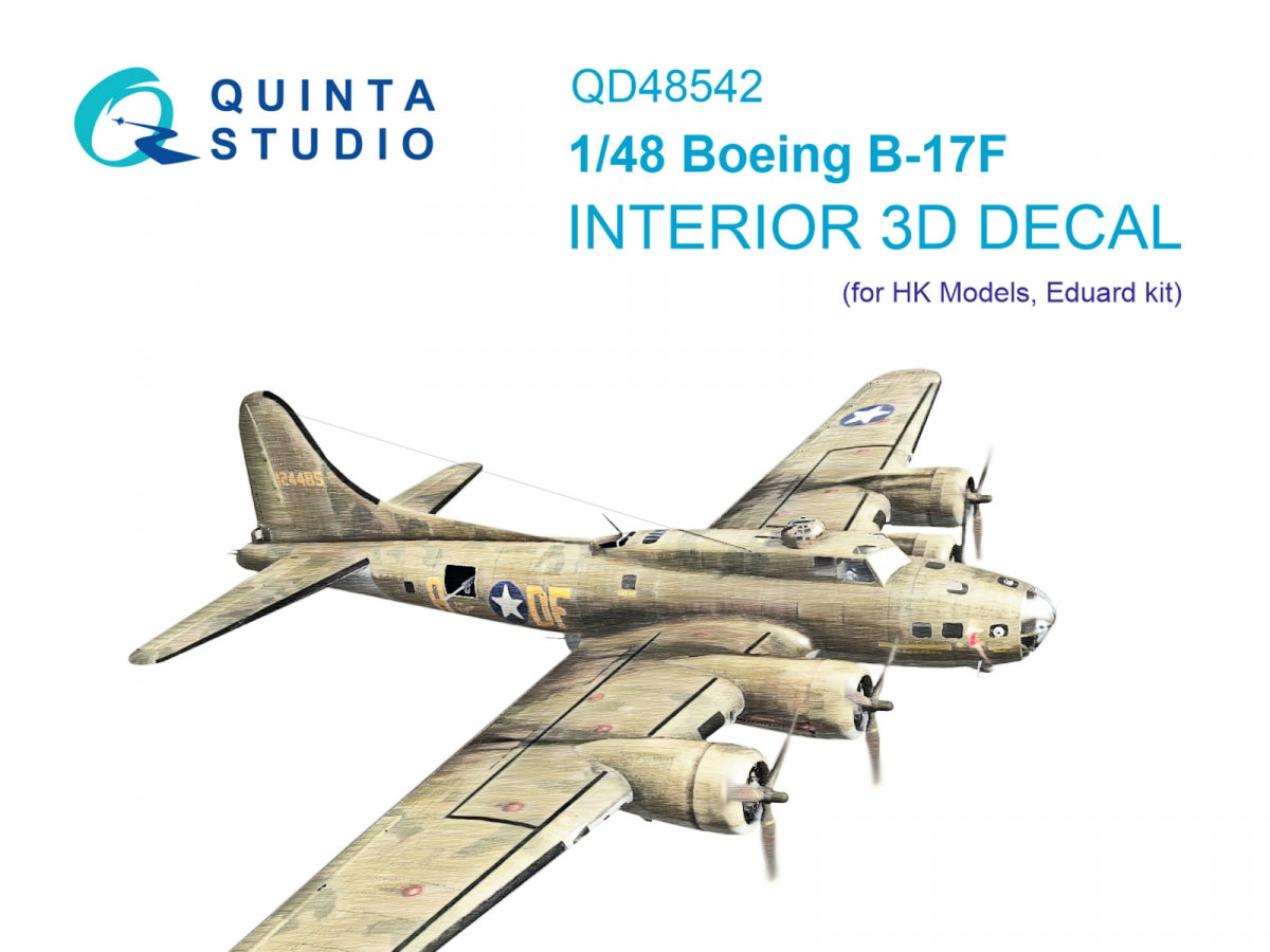 Intérieur imprimé en 3D et coloré sur papier décalcomanie pour Boeing B-17F (Quinta Studio QD48542, HK models, Eduard) à l'échelle 1/48