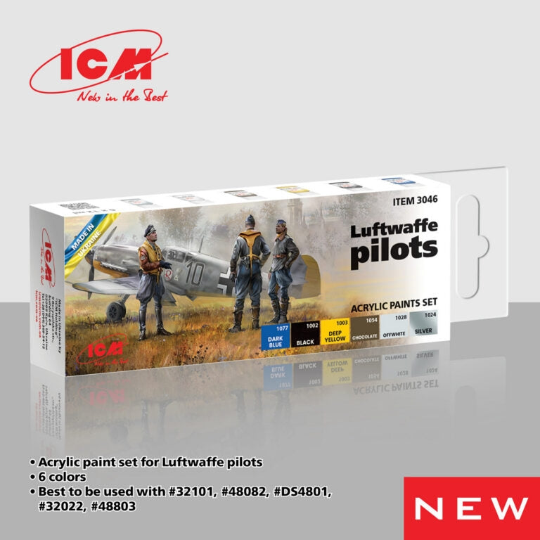 Coffret de 6 peintures acryliques ICM 3046 pour pilotes de la Luftwaffe, 12 ml