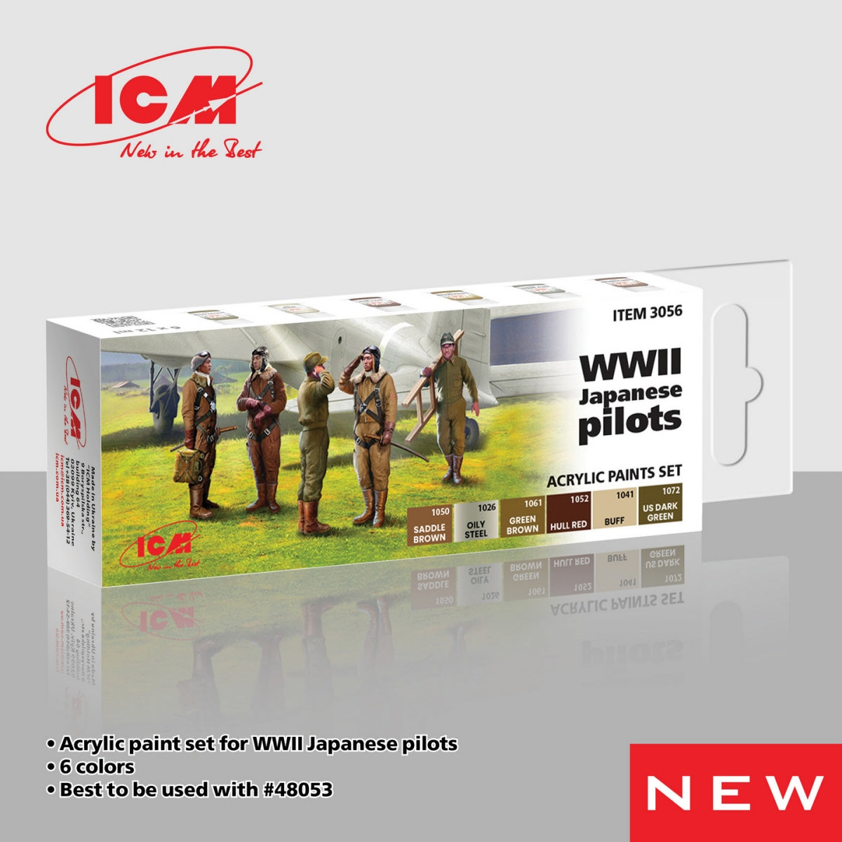 Coffret de peintures acryliques ICM 3056 pour pilotes japonais de la Seconde Guerre mondiale, 12 ml x 6