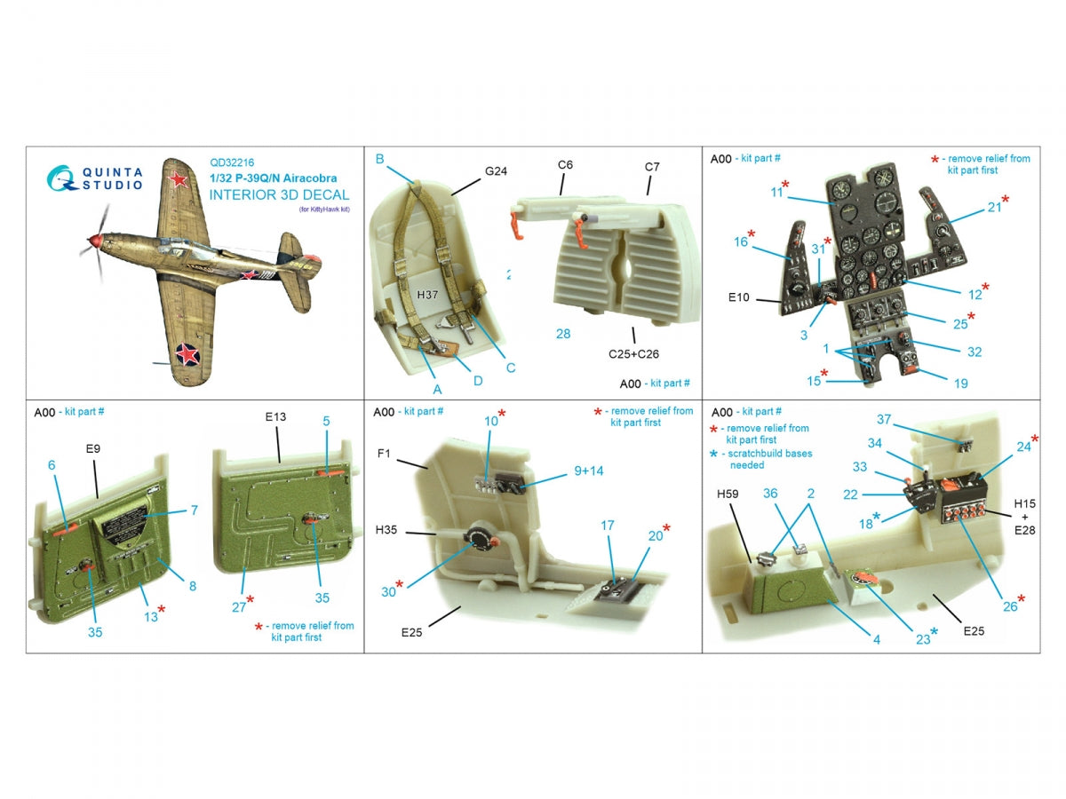 Intérieur coloré imprimé en 3D sur papier décalcomanie (KittyHawk) pour P-39Q/N Airacobra de Quinta Studio QD32216, échelle 1/32 – Bild 2