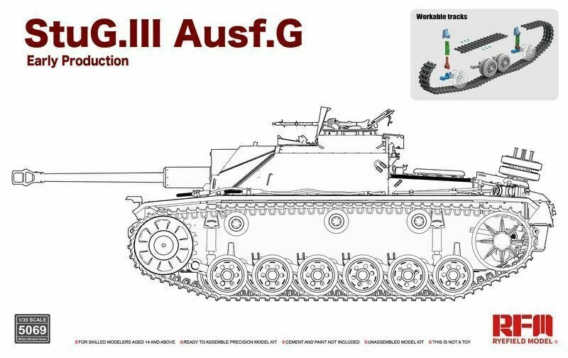 Maquette Rye Field 5069 StuG. III Ausf. G Première production avec chenilles fonctionnelles, échelle 1/35