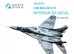 Intérieur imprimé en 3D et coloré sur papier décalcomanie Quinta Studio QD48093 MiG-29 (9-13) 1/48 (pour GWH)