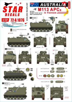 Star Decals 72-A1076 Australie au Vietnam n° 2. Véhicules blindés de transport de troupes australiens M113. M113A1, M125A1 et M577 à l&amp;#39;échelle 1/72