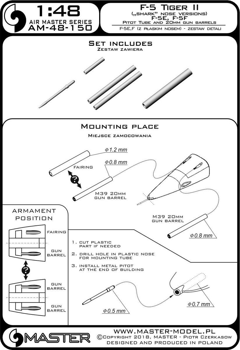 Master AM-48-150 F-5 Tiger II « Freedom Fighter » (version nez plat) - F-5A, E, F - kit de détails - Tube Pitot et canons de 20 mm 1/48  – image 3