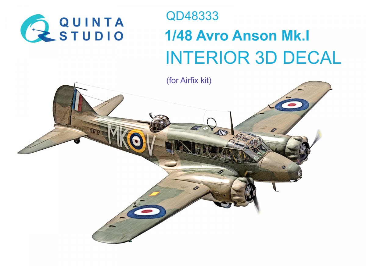 Intérieur imprimé en 3D et coloré sur papier décalcomanie Quinta Studio QD48333 Avro Anson Mk.I (Airfix) 1/48