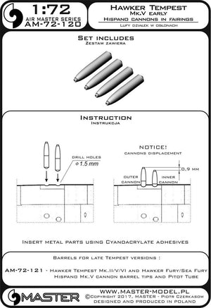 Master AM-72-120 Hawker Tempest Mk.V version initiale - Canons Hispano de 20 mm sous carénages (4 pièces) (1/72) – image 3