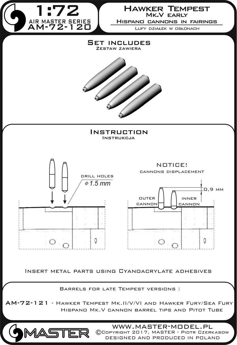 Master AM-72-120 Hawker Tempest Mk.V version initiale - Canons Hispano de 20 mm sous carénages (4 pièces) (1/72) – image 3