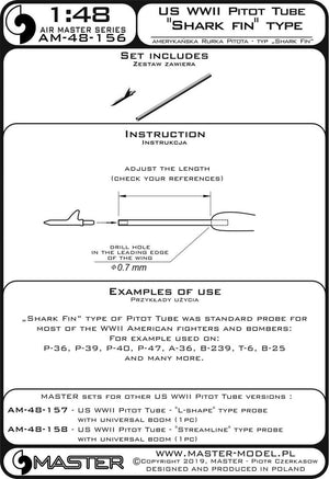 Tube Pitot américain Master AM-48-156 de la Seconde Guerre mondiale - Type « aileron de requin » (1 pièce) - utilisé sur les P-36, P-39, P-40, P-47, A-36, B-239, T-6, B-25 et bien d&amp;#39;autres - Échelle 1/48 – Bild 4