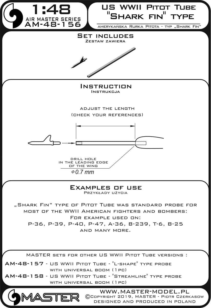 Tube Pitot américain Master AM-48-156 de la Seconde Guerre mondiale - Type « aileron de requin » (1 pièce) - utilisé sur les P-36, P-39, P-40, P-47, A-36, B-239, T-6, B-25 et bien d&amp;#39;autres - Échelle 1/48 – Bild 4