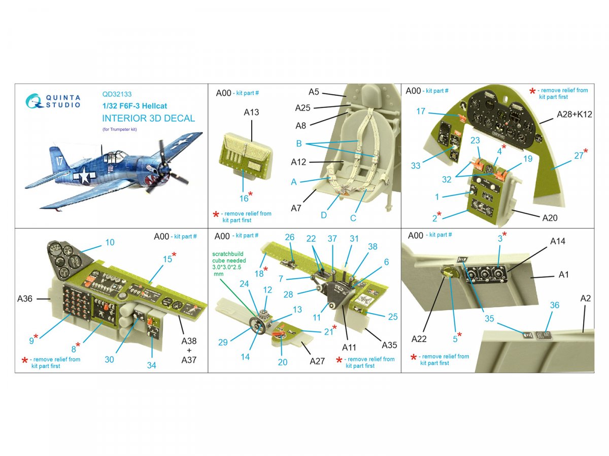 Intérieur imprimé en 3D et coloré sur papier décalcomanie Quinta Studio QD32133 F6F-3 Hellcat (Trumpeter) 1/32 – image 2