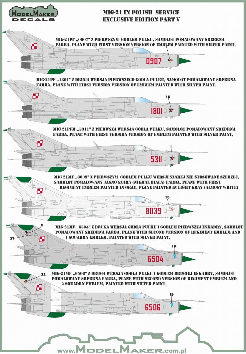 Décalcomanies ModelMaker D48154 MiG-21 en service polonais, édition exclusive partie V 1/48