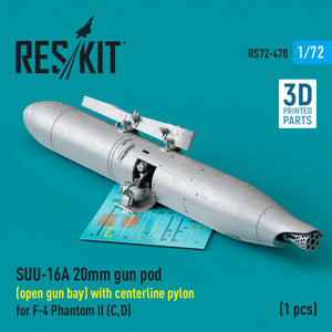 RESKIT RS72-0470 Nacelle de canon SUU-16A de 20 mm (baie ouverte) avec pylône central pour F-4 Phantom II (C,D) (1 pièce) (Impression 3D) 1/72