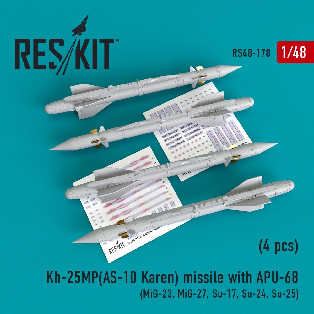 RESKIT RS48-0178 Missile Kh-25MP (AS-10 Karen) avec APU-68 (4 pièces) 1/48