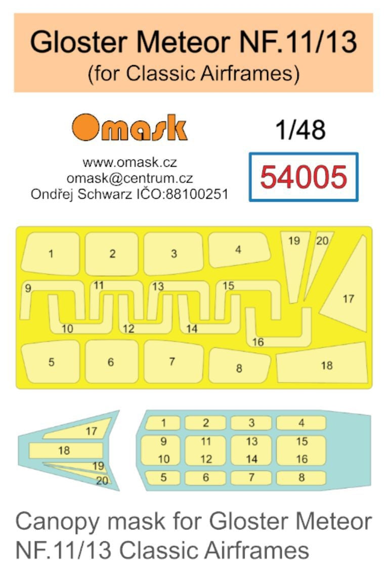 Masque de verrière Omask 54005 pour Gloster Meteor NF.11/13 (pour maquettes Classic Airframes) au 1/48