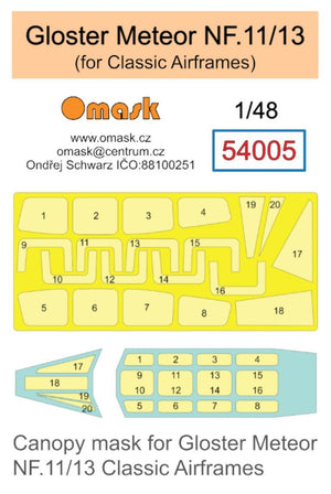 Masque de verrière Omask 54005 pour Gloster Meteor NF.11/13 (pour maquettes Classic Airframes) au 1/48