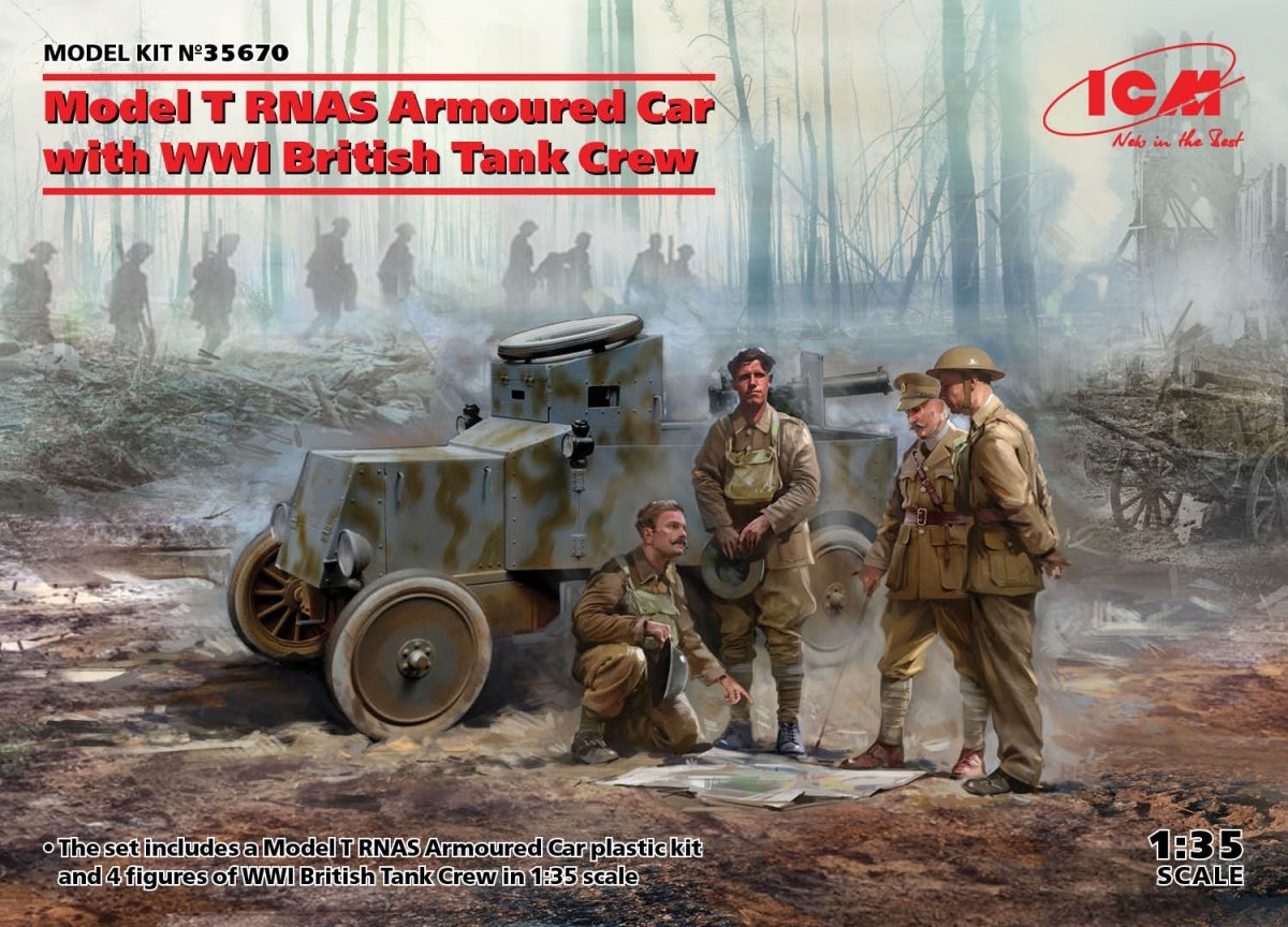 Voiture blindée ICM 35670 Modèle T RNAS avec équipage de char britannique de la Première Guerre mondiale, échelle 1/35