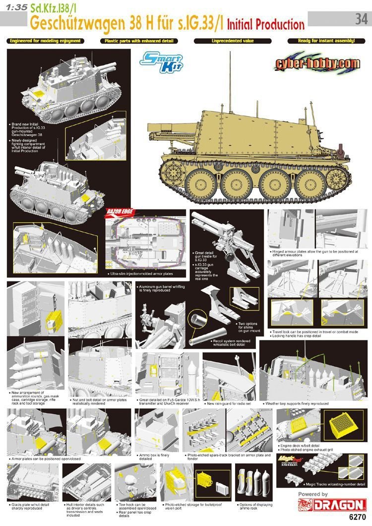 Cyber ​​​​Hobby 6270 Sd.Kfz.138/1 Geschutzwagen 38 H fourrure s.IG.33/1 Production initiale (1/35) – image 2